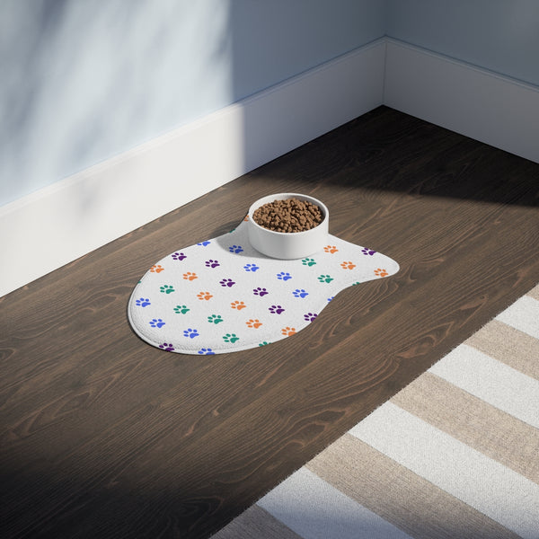 Multi Color Pawprint Dog Feeding Mat in White