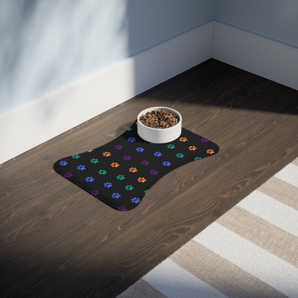 Multi-Color Pawprint Dog Feeding Mat in Black