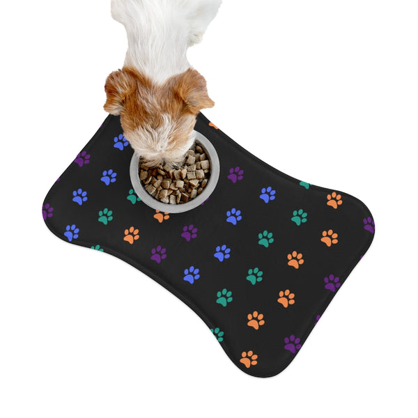 Multi-Color Pawprint Dog Feeding Mat in Black