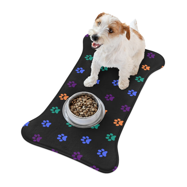 Multi-Color Pawprint Dog Feeding Mat in Black