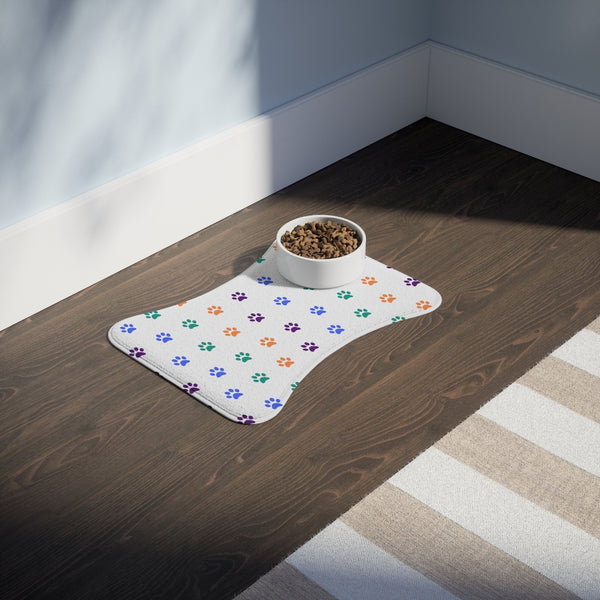 Multi Color Pawprint Dog Feeding Mat in White