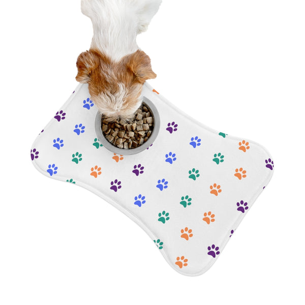 Multi Color Pawprint Dog Feeding Mat in White