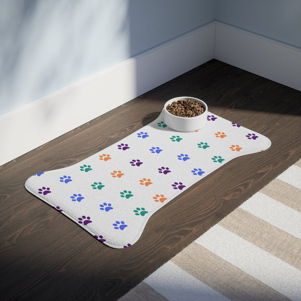 Multi Color Pawprint Dog Feeding Mat in White