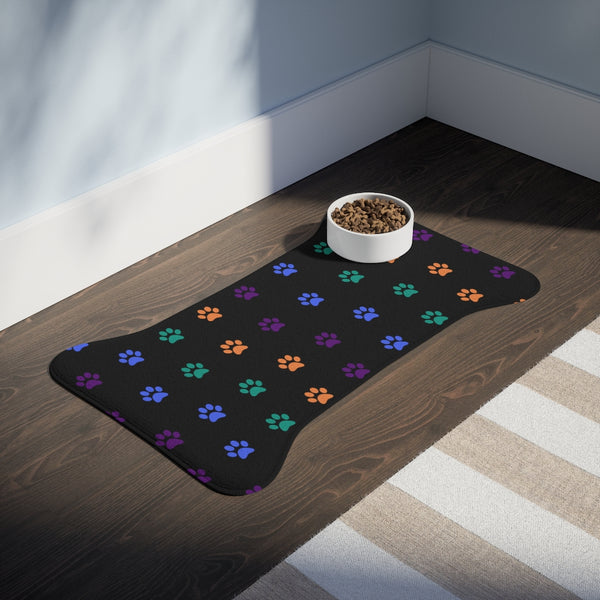 Multi-Color Pawprint Dog Feeding Mat in Black