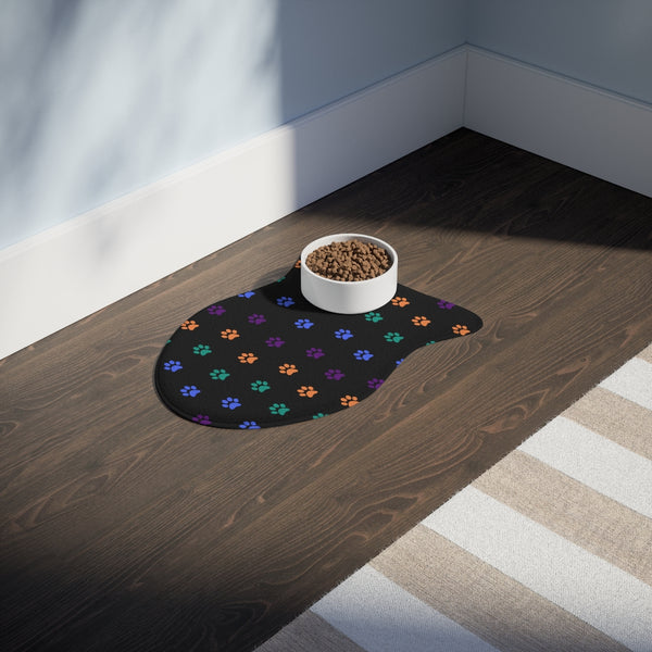 Multi-Color Pawprint Dog Feeding Mat in Black