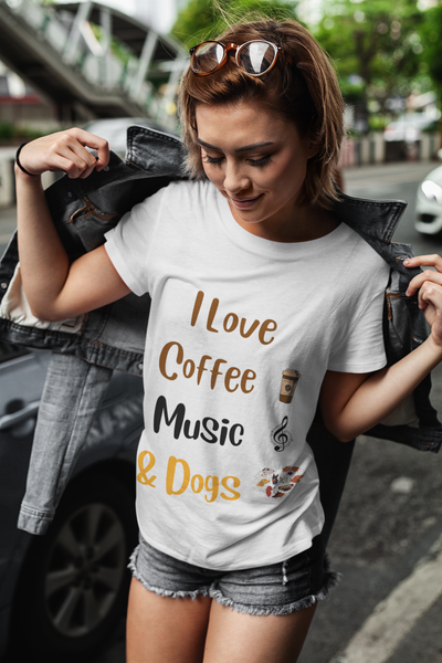 I Love Coffee, Music and Dogs - Unisex T-shirt